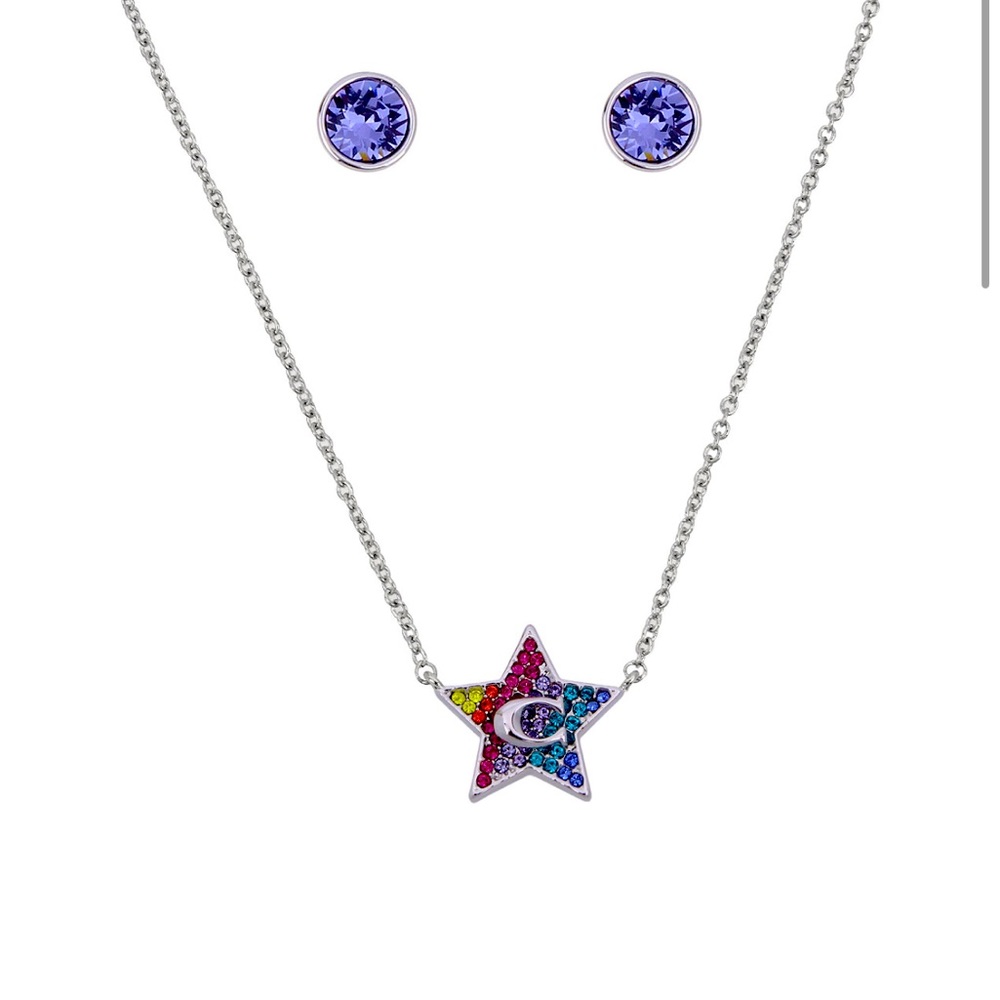 New! COACH Star Rainbow Crystal Necklace and Stud Earrings Set, 16" + 2" ext